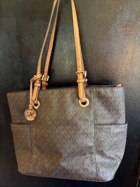 Michael Kors Brown MK Signature Tote Jet Set East West Clean Small Flaws
